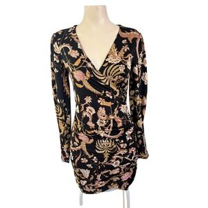 NWT Guess Women Black Floral Paisley Ruched Long Sleeve V-Neck Mini Dress